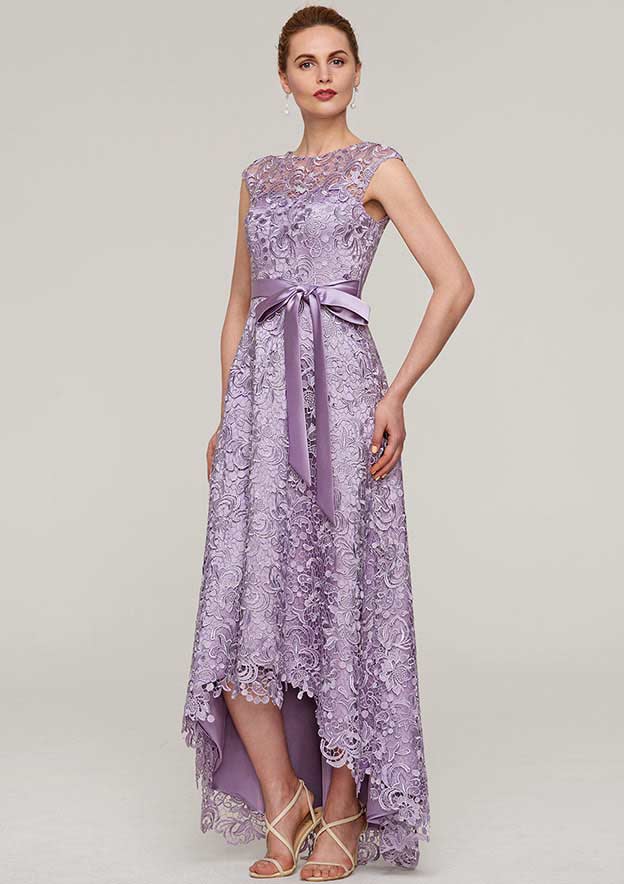 Wedding Guest Dresses Vintage A-line Purple Lace Boat Neck Sleeveless With Sashes Asymmetrical Hem Hot Sale Mother of the Bride Dress