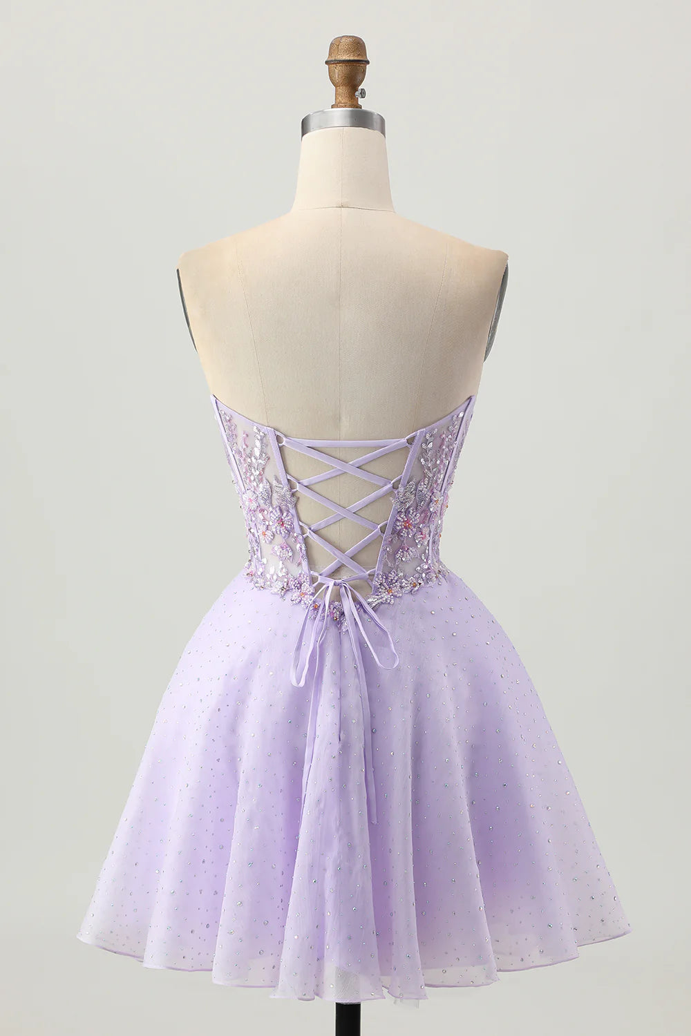 Exquisite Short Dress Sparkly Lilac A Line Strapless Sleeveless with Beading Flower Rhinestone Backless Hot Sale Homecoming Dress