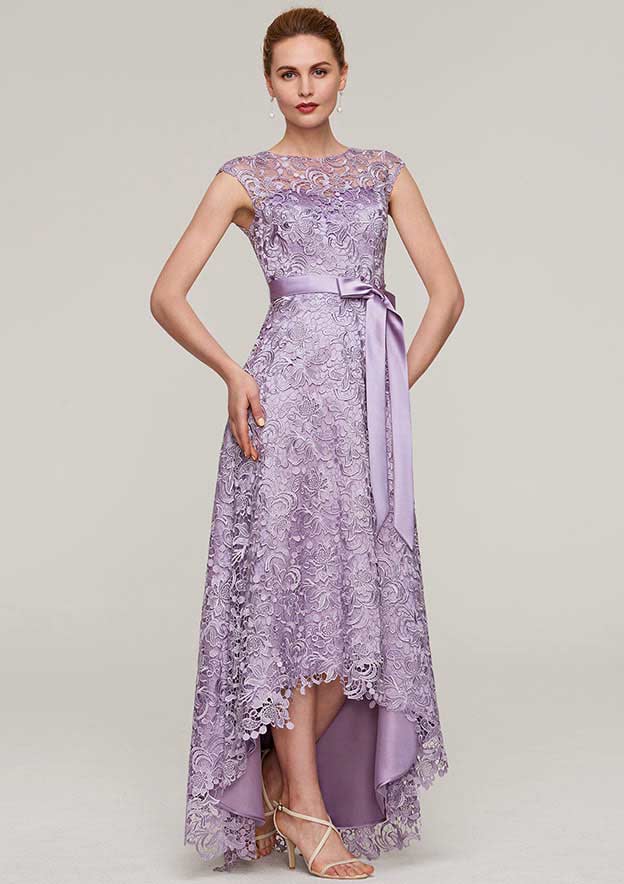Wedding Guest Dresses Vintage A-line Purple Lace Boat Neck Sleeveless With Sashes Asymmetrical Hem Hot Sale Mother of the Bride Dress