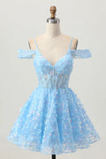 Romantic Short Dress Sparkly Blue A Line Spaghetti Strap V Neck Sleeveless with Sequins 3D Floral V Back Hot Sale Homecoming Dress