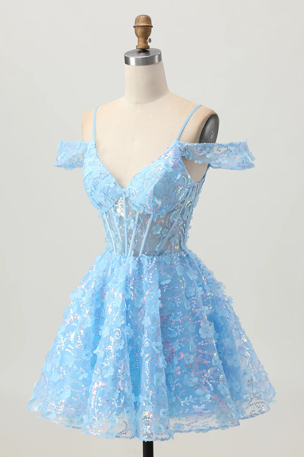 Romantic Short Dress Sparkly Blue A Line Spaghetti Strap V Neck Sleeveless with Sequins 3D Floral V Back Hot Sale Homecoming Dress