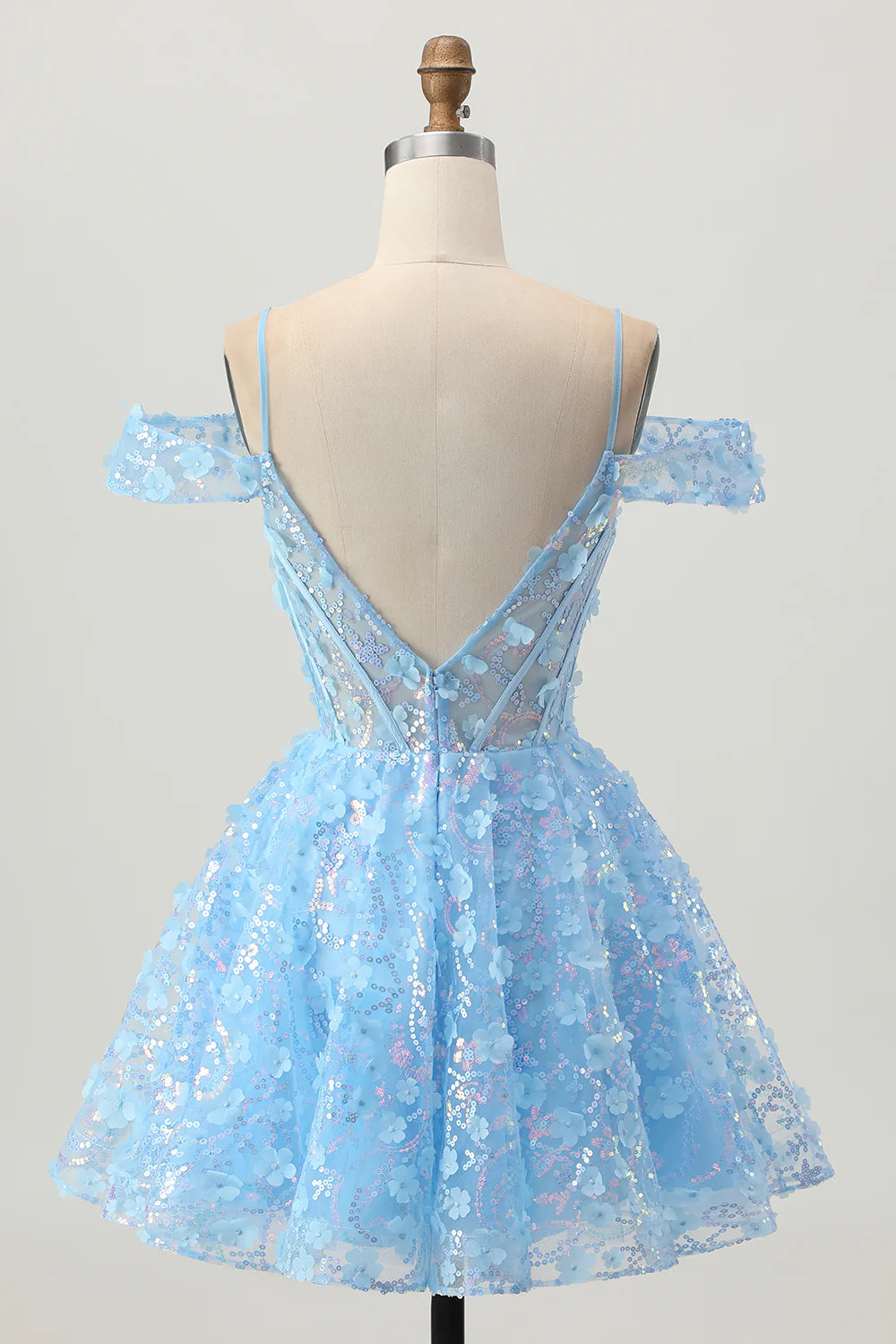 Romantic Short Dress Sparkly Blue A Line Spaghetti Strap V Neck Sleeveless with Sequins 3D Floral V Back Hot Sale Homecoming Dress