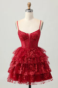 Trendy Short Dress Sparkly Dark Red A Line Spaghetti Strap Sleeveless Tiered Ruched with Lace Applique Backless Hot Sale Homecoming Dress