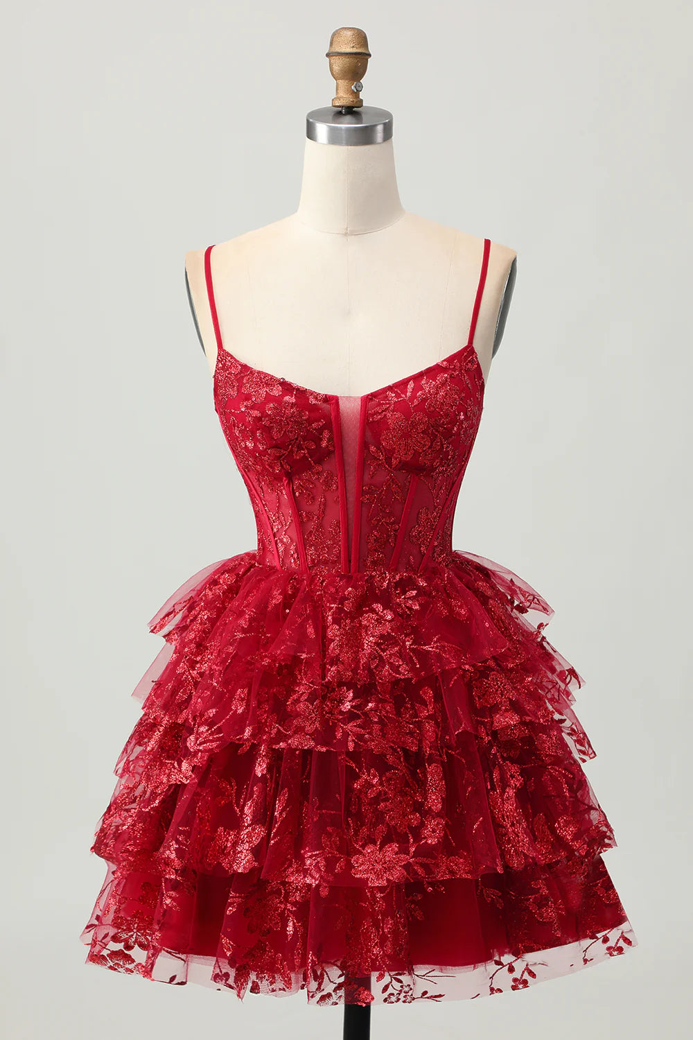 Trendy Short Dress Sparkly Dark Red A Line Spaghetti Strap Sleeveless Tiered Ruched with Lace Applique Backless Hot Sale Homecoming Dress