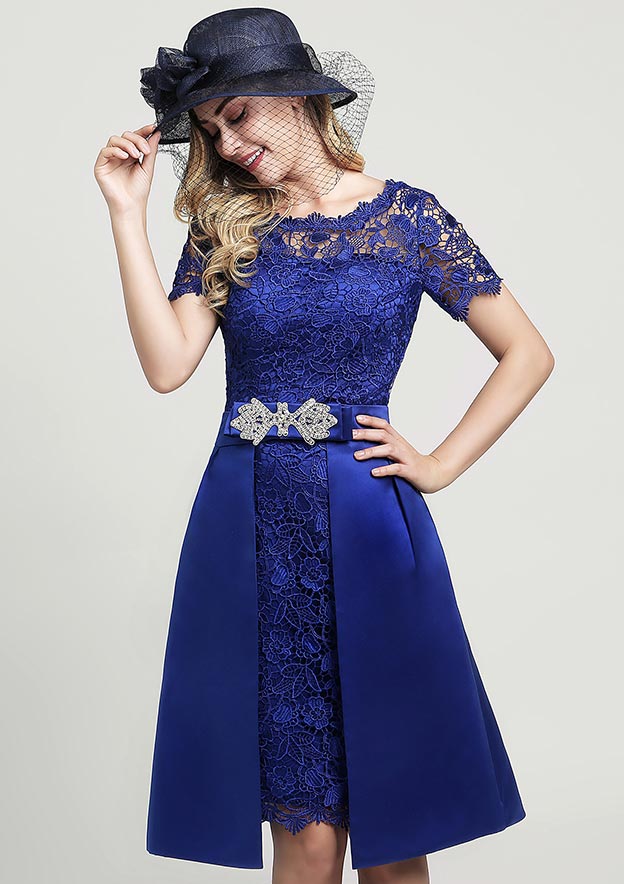 Wedding Guest Dresses Royal Blue Lace Elegant Sheath/Column Scoop Neck Short Sleeve With Side Draping Waistband Beading Bowknot Knee-Length Hot Sale Mother of the Bride Dress