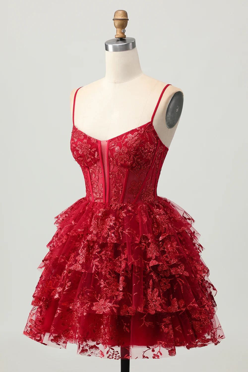 Trendy Short Dress Sparkly Dark Red A Line Spaghetti Strap Sleeveless Tiered Ruched with Lace Applique Backless Hot Sale Homecoming Dress