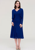 Wedding Guest Dresses Navy Blue Chiffon Sheath V Neck Sleeveless Pleated Appliqued With Long Sleeves Jacket Two-Piece Tea-Length Hot Sale Mother of the Bride Dress