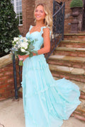 Cute Blue A Line Sweetheart Pleated Hollow-Out Sleeveless with Tiers Ruffles Cheap Long Prom Dress