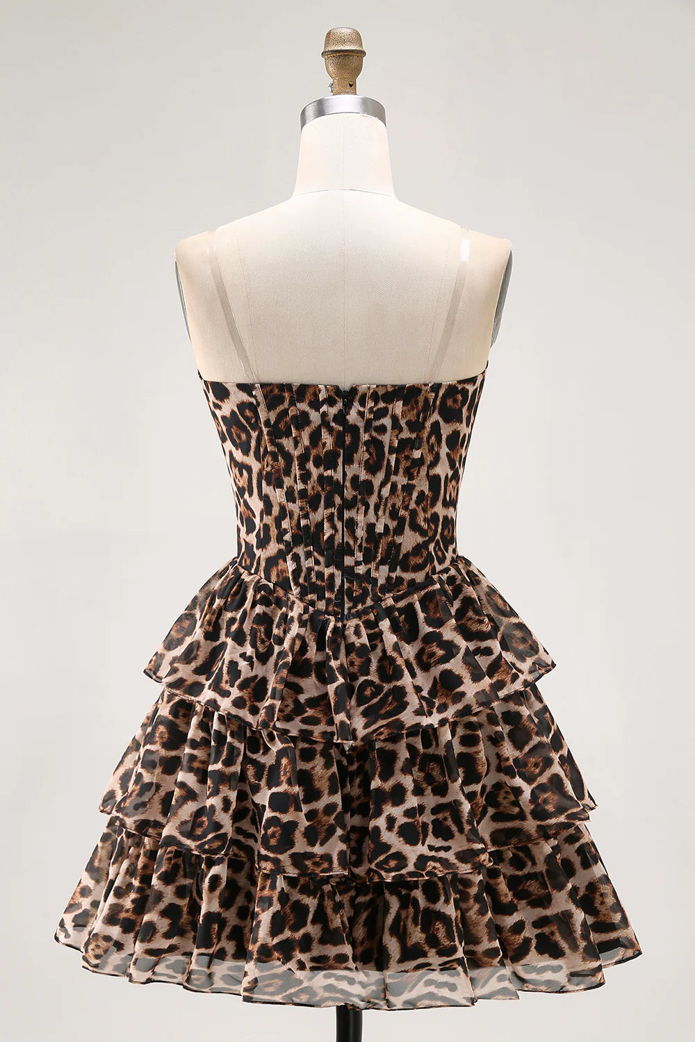 Chic Short Dress Brown Leopard A Line Strapless Corset Lace Sequin Sweetheart Sleeveless Backless Layering Ruched Bargain Homecoming Dress