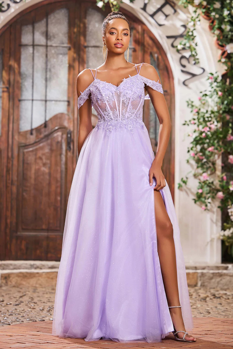 Lilac Sparkle A-Line Spaghetti Straps Sweetheart Neckline Sleeveless Lace Applique Backless Slit Cheap Long Prom Dress