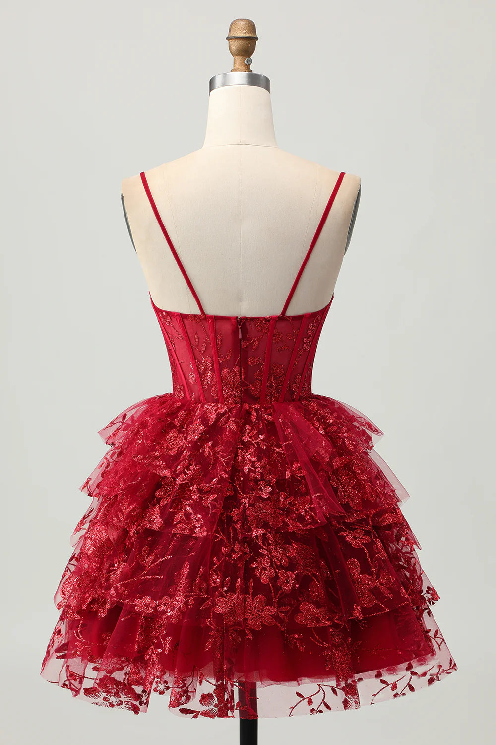 Trendy Short Dress Sparkly Dark Red A Line Spaghetti Strap Sleeveless Tiered Ruched with Lace Applique Backless Hot Sale Homecoming Dress