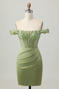 Chic Short Dress Sparkly Green Tight Off Shoulder Sleeveless with Sequins Applique Pleated Backless Hot Sale Homecoming Dress