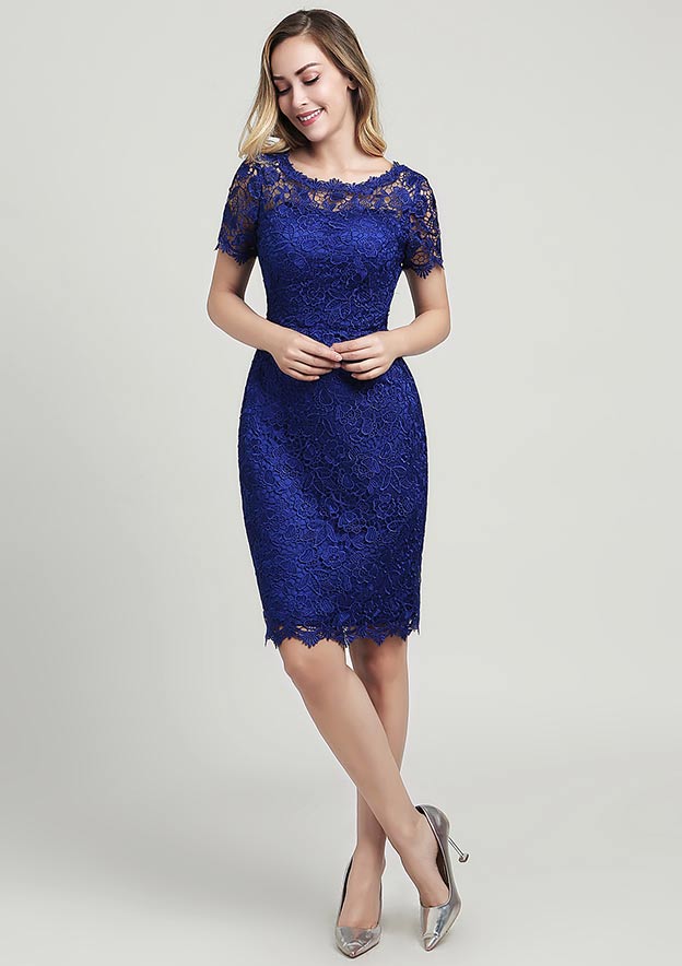 Wedding Guest Dresses Royal Blue Lace Elegant Sheath/Column Scoop Neck Short Sleeve With Side Draping Waistband Beading Bowknot Knee-Length Hot Sale Mother of the Bride Dress