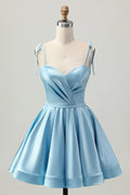 Cute Short Dress Sparkle Light Blue Satin A Line Spaghetti Straps Sweetheart Neckline Sleeveless Ruched Backless Hot Sale Homecoming Dress