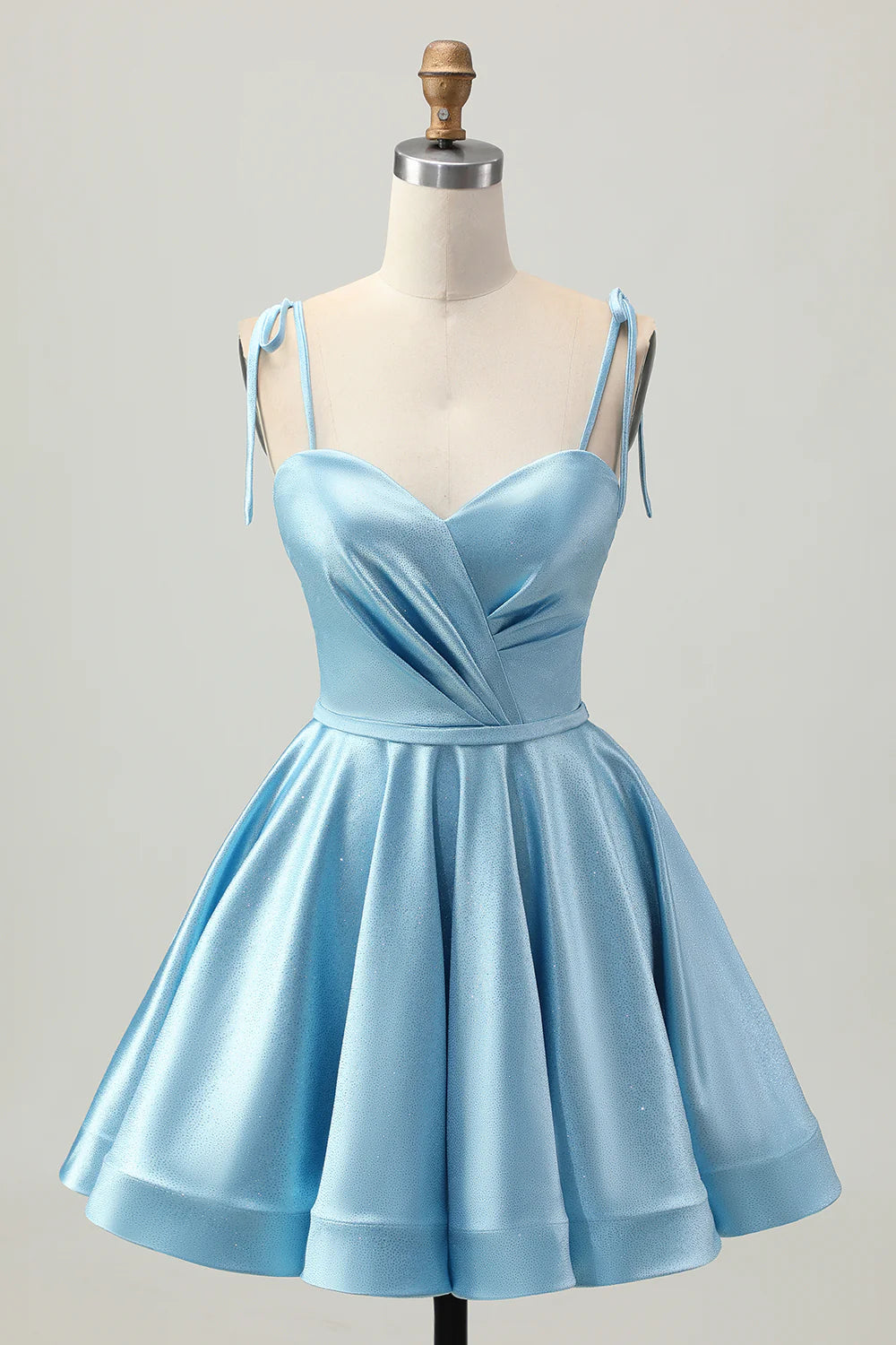 Cute Short Dress Sparkle Light Blue Satin A Line Spaghetti Straps Sweetheart Neckline Sleeveless Ruched Backless Hot Sale Homecoming Dress