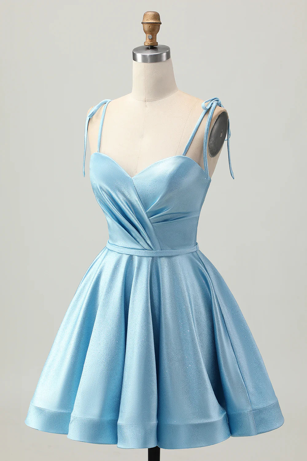 Cute Short Dress Sparkle Light Blue Satin A Line Spaghetti Straps Sweetheart Neckline Sleeveless Ruched Backless Hot Sale Homecoming Dress
