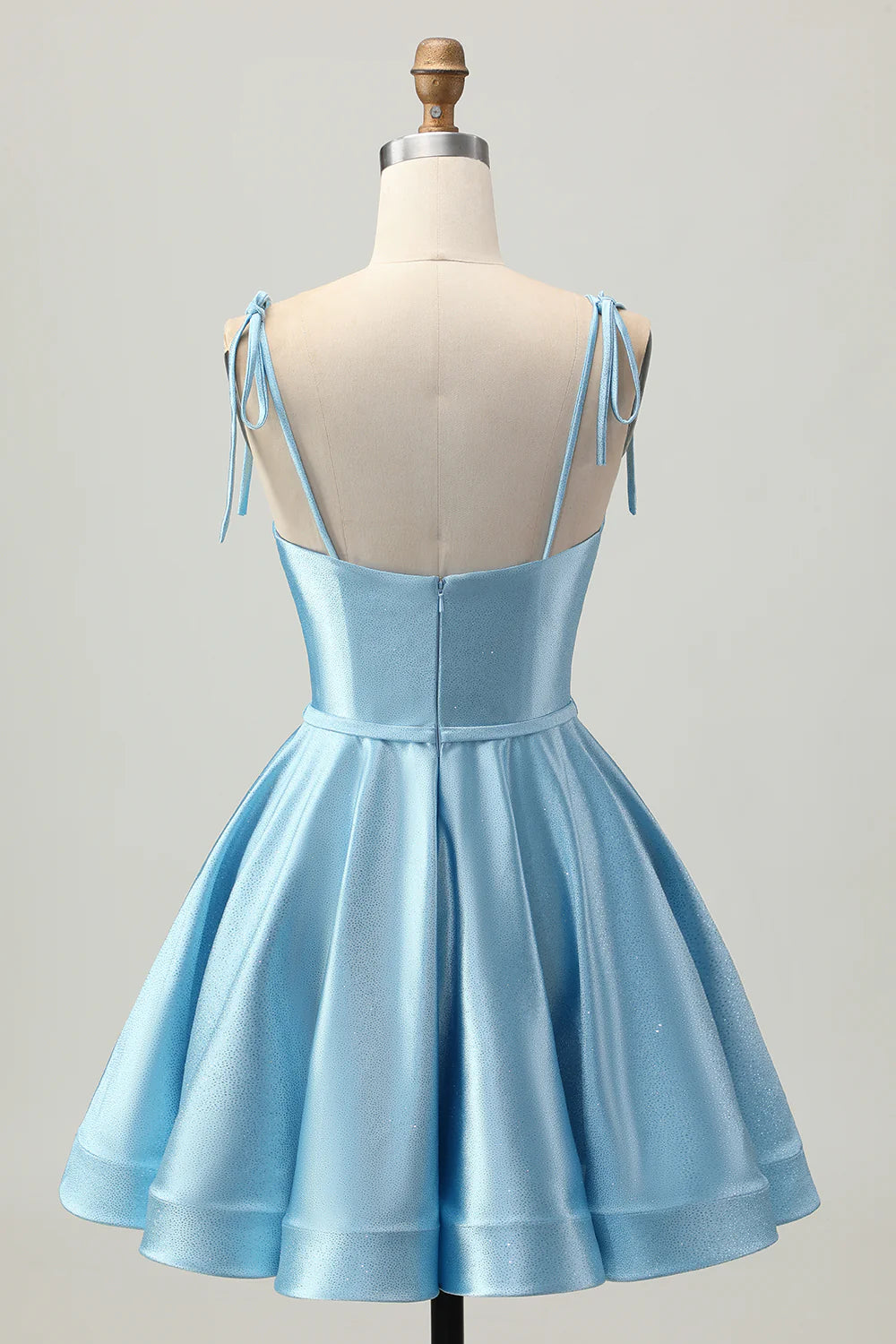 Cute Short Dress Sparkle Light Blue Satin A Line Spaghetti Straps Sweetheart Neckline Sleeveless Ruched Backless Hot Sale Homecoming Dress