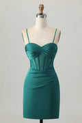 Elegant Short Dress Dark Green Satin Tight Spaghetti Strap Sweetheart Neckline Pleated Knot Sleeveless Backless Hot Sale Homecoming Dress