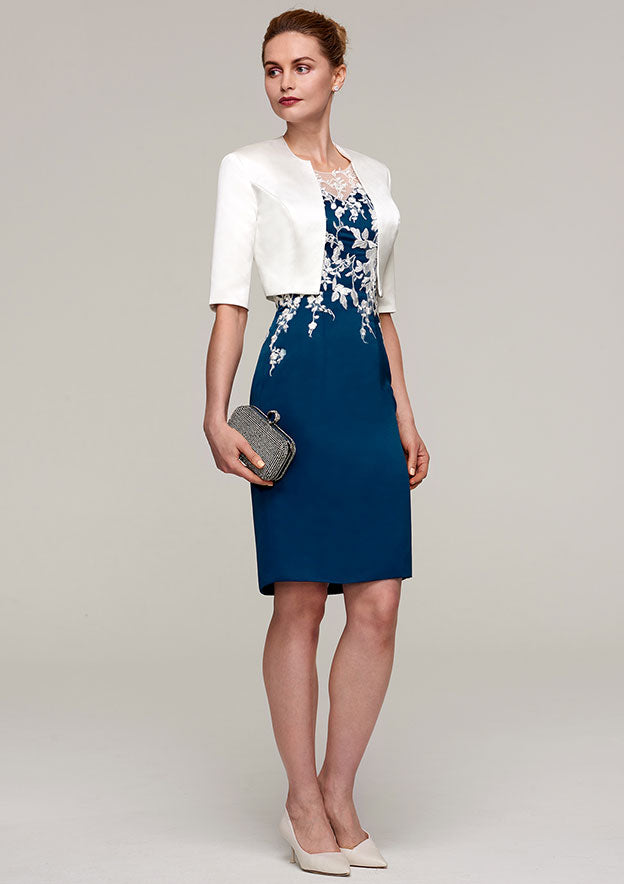 Wedding Guest Dresses Satin Classic Vintage Sheath/Column Scoop Neck Sleeveless Lace Appliqued With Half Sleeve Jacket Knee-Length Hot Sale Mother of the Bride Dress