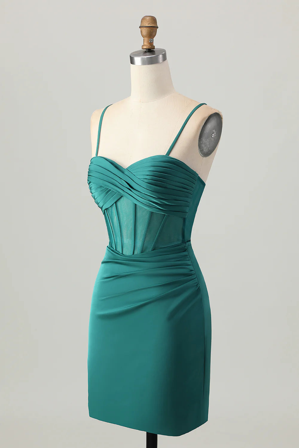 Elegant Short Dress Dark Green Satin Tight Spaghetti Strap Sweetheart Neckline Pleated Knot Sleeveless Backless Hot Sale Homecoming Dress