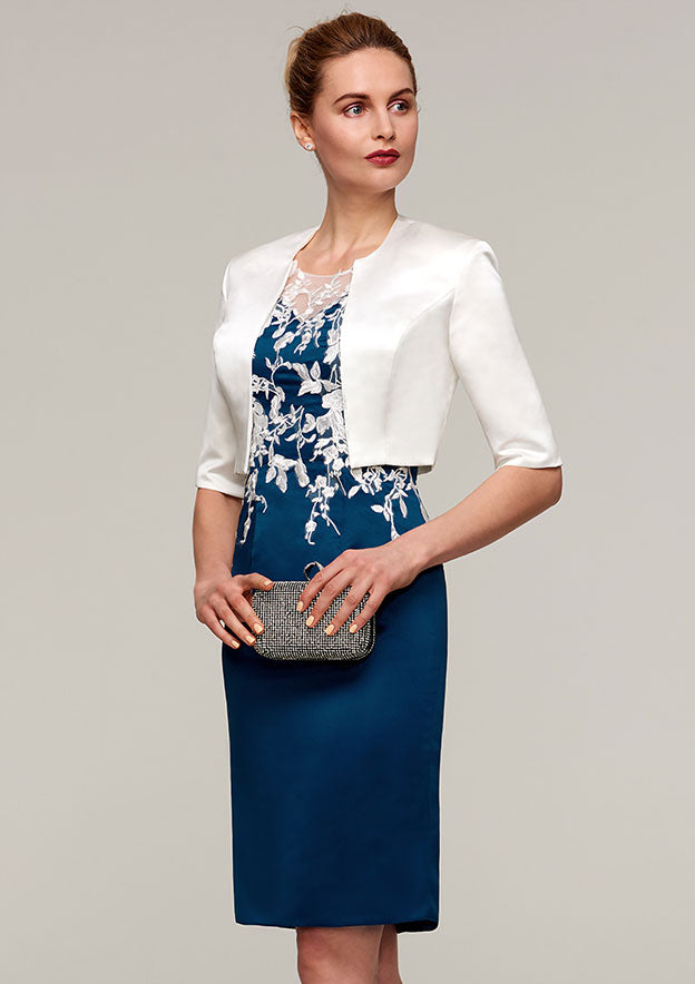 Wedding Guest Dresses Satin Classic Vintage Sheath/Column Scoop Neck Sleeveless Lace Appliqued With Half Sleeve Jacket Knee-Length Hot Sale Mother of the Bride Dress