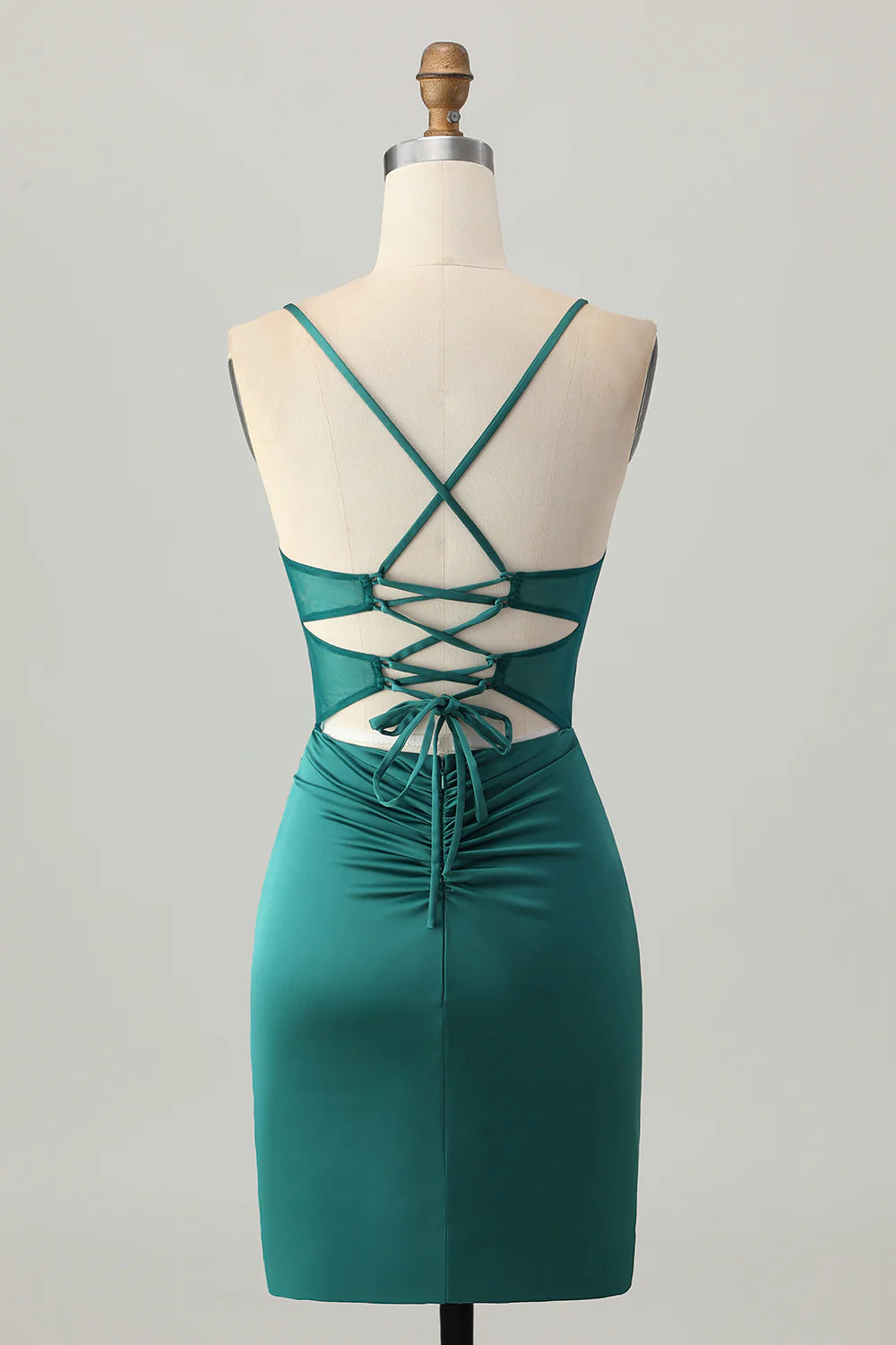 Elegant Short Dress Dark Green Satin Tight Spaghetti Strap Sweetheart Neckline Pleated Knot Sleeveless Backless Hot Sale Homecoming Dress