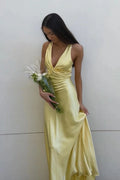 Chic Yellow Sheath Halter Neck Sleeveless Party Dress Pleated with Backless Bowknot Cheap Long Prom Dress