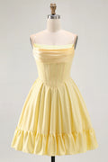 Fashion Short Dress Sparkly Yellow A Line Strapless Corset Pleated Sleeveless with Beading Backless Bargain Homecoming Dress