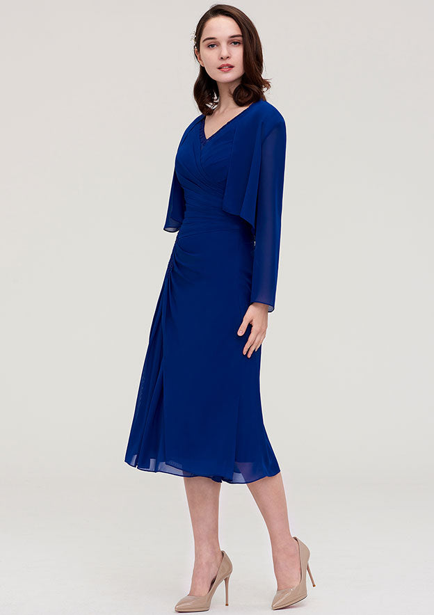 Wedding Guest Dresses Navy Blue Chiffon Sheath V Neck Sleeveless Pleated Appliqued With Long Sleeves Jacket Two-Piece Tea-Length Hot Sale Mother of the Bride Dress