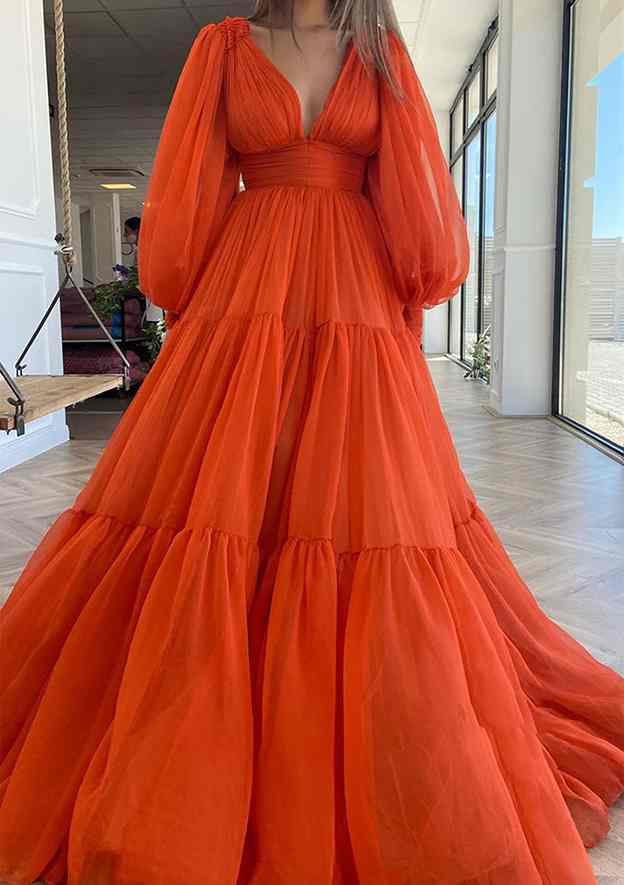 Chiffon Fashion A-line Deep V Neck Long Sleeve With Pleated Hot Sale Long Prom Dress