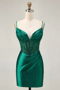Stylish Short Dress Sparkly Dark Green Satin Tight Spaghetti Strap Sweetheart Neckline Sleeveless Backless with Beading Rhinestone Hot Sale Homecoming Dress