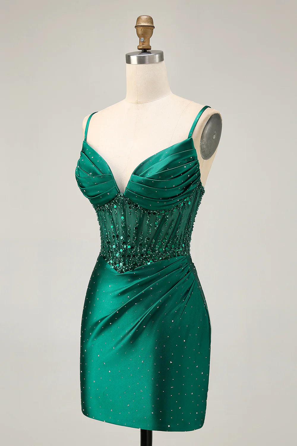 Stylish Short Dress Sparkly Dark Green Satin Tight Spaghetti Strap Sweetheart Neckline Sleeveless Backless with Beading Rhinestone Hot Sale Homecoming Dress