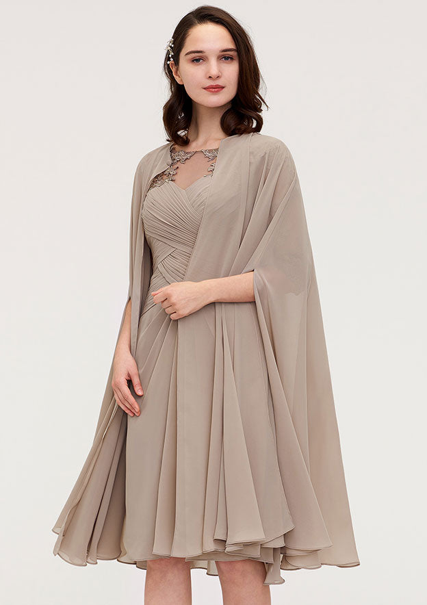 Wedding Guest Dresses Chiffon Elegant Sheath/Column Boat Neck Half Sleeve Pleated Lace Appliqued With Jacket Two-Piece Knee-Length Hot Sale Mother of the Bride Dress