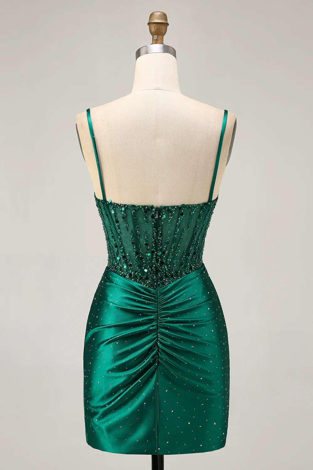 Stylish Short Dress Sparkly Dark Green Satin Tight Spaghetti Strap Sweetheart Neckline Sleeveless Backless with Beading Rhinestone Hot Sale Homecoming Dress