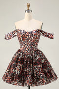 Chic Short Dress Khaki Cheetah Print A Line V Neck Off the Shoulder Sleeveless Backless Hot Sale Homecoming Dress