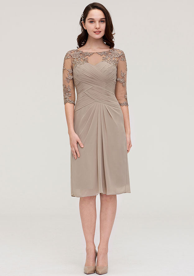 Wedding Guest Dresses Chiffon Elegant Sheath/Column Boat Neck Half Sleeve Pleated Lace Appliqued With Jacket Two-Piece Knee-Length Hot Sale Mother of the Bride Dress