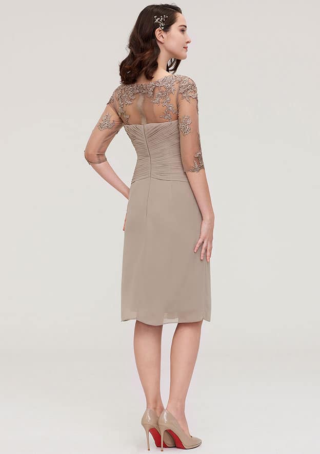 Wedding Guest Dresses Chiffon Elegant Sheath/Column Boat Neck Half Sleeve Pleated Lace Appliqued With Jacket Two-Piece Knee-Length Hot Sale Mother of the Bride Dress