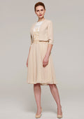 Wedding Guest Dresses Champagne Chiffon Classic Elegant A-line Boat Neck Sleeveless Lace Appliqued With Half Sleeve Jacket Two-Piece Knee-Length Hot Sale Mother of the Bride Dress