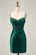 Fashion Short Dress Sparkly Dark Green Satin Tight Spaghetti Strap Sweetheart Neckline Sleeveless with Beading Pleated Backless Hot Sale Homecoming Dress