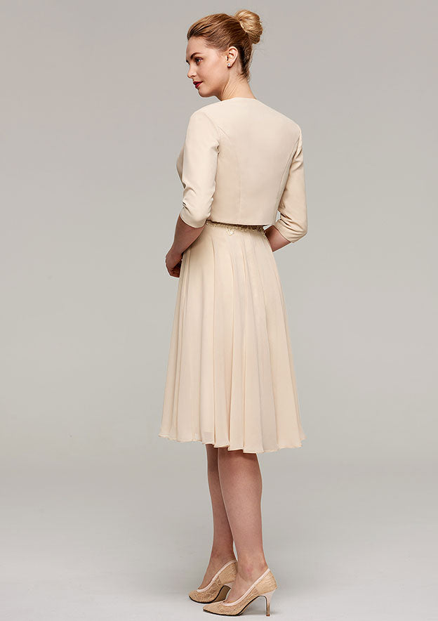 Wedding Guest Dresses Champagne Chiffon Classic Elegant A-line Boat Neck Sleeveless Lace Appliqued With Half Sleeve Jacket Two-Piece Knee-Length Hot Sale Mother of the Bride Dress
