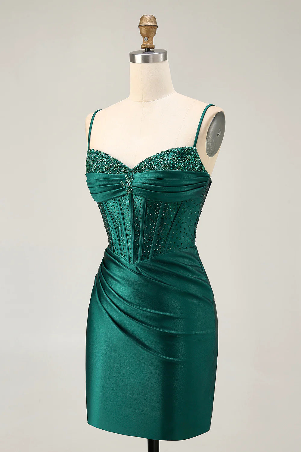 Fashion Short Dress Sparkly Dark Green Satin Tight Spaghetti Strap Sweetheart Neckline Sleeveless with Beading Pleated Backless Hot Sale Homecoming Dress