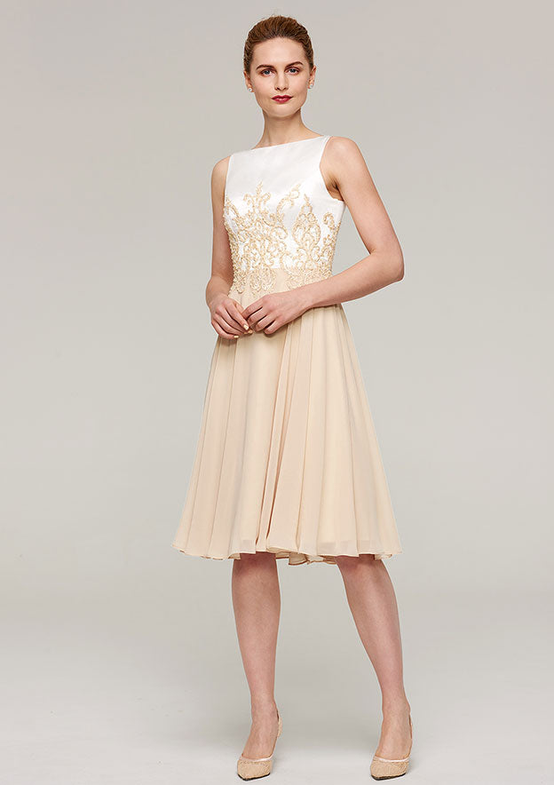 Wedding Guest Dresses Champagne Chiffon Classic Elegant A-line Boat Neck Sleeveless Lace Appliqued With Half Sleeve Jacket Two-Piece Knee-Length Hot Sale Mother of the Bride Dress