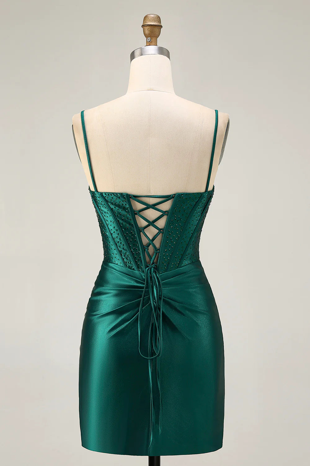 Fashion Short Dress Sparkly Dark Green Satin Tight Spaghetti Strap Sweetheart Neckline Sleeveless with Beading Pleated Backless Hot Sale Homecoming Dress