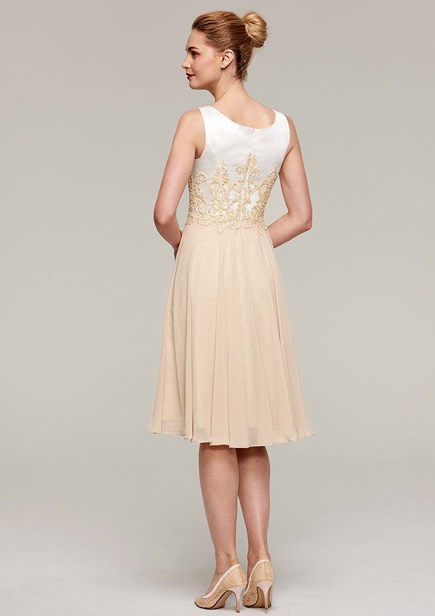 Wedding Guest Dresses Champagne Chiffon Classic Elegant A-line Boat Neck Sleeveless Lace Appliqued With Half Sleeve Jacket Two-Piece Knee-Length Hot Sale Mother of the Bride Dress