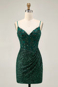 Exquisite Short Dress Sparkly Dark Green Sequins Bodycon V-Neck Spaghetti Strap Sleeveless Beading Pleated Backless Hot Sale Homecoming Dress