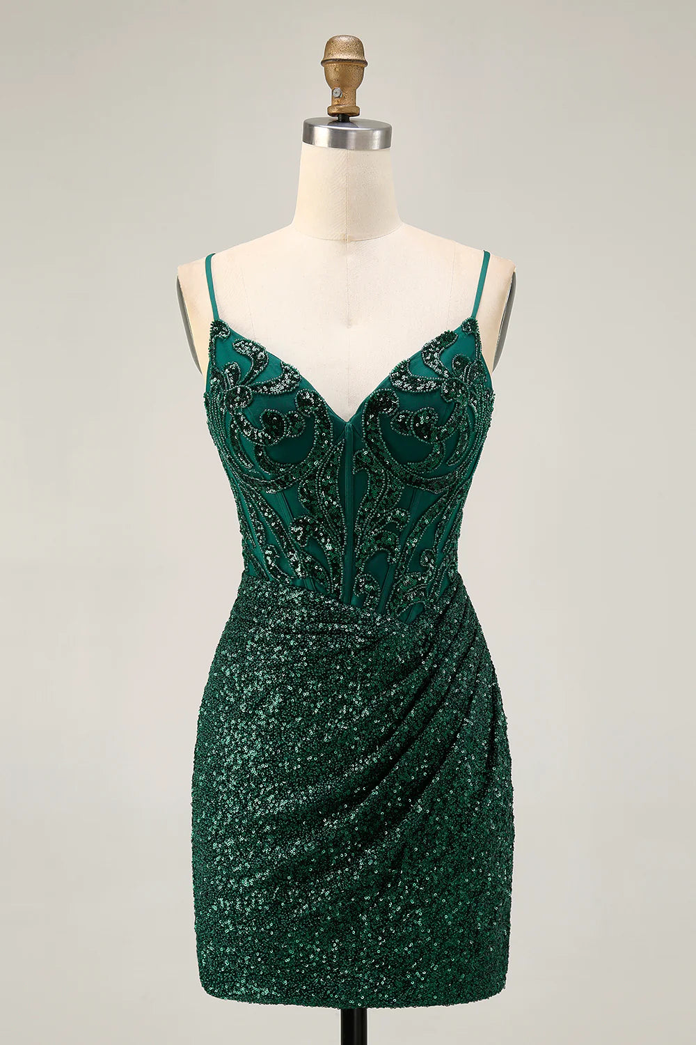 Exquisite Short Dress Sparkly Dark Green Sequins Bodycon V-Neck Spaghetti Strap Sleeveless Beading Pleated Backless Hot Sale Homecoming Dress