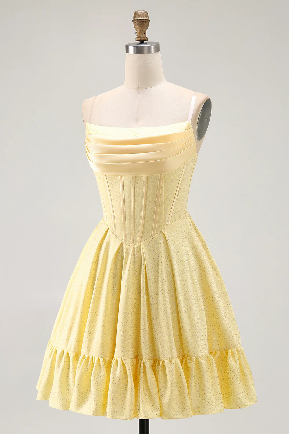 Fashion Short Dress Sparkly Yellow A Line Strapless Corset Pleated Sleeveless with Beading Backless Bargain Homecoming Dress