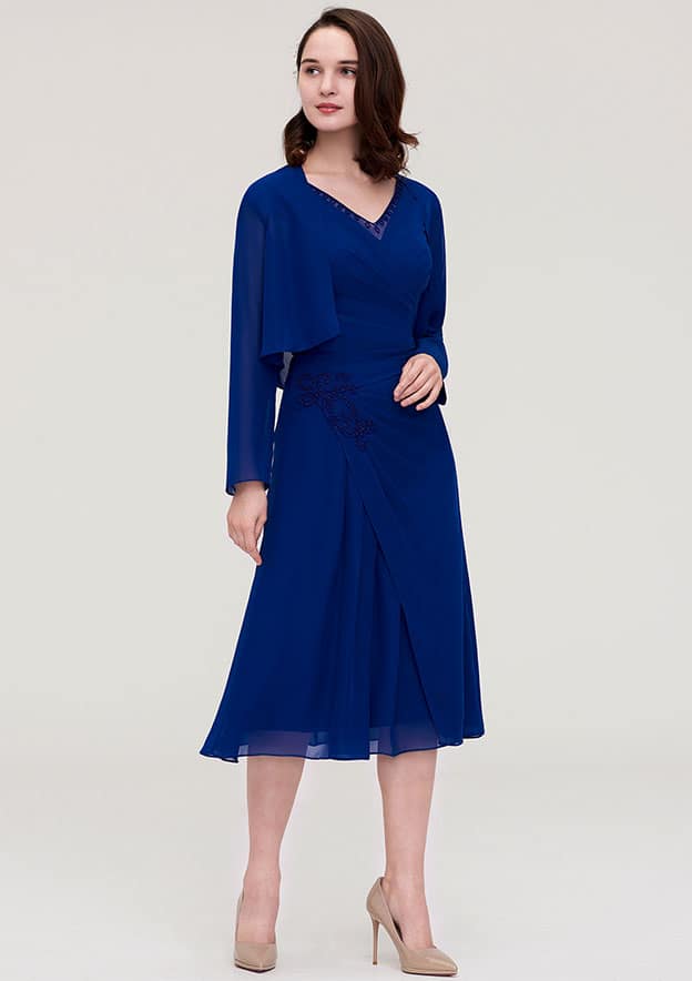 Wedding Guest Dresses Navy Blue Chiffon Sheath V Neck Sleeveless Pleated Appliqued With Long Sleeves Jacket Two-Piece Tea-Length Hot Sale Mother of the Bride Dress