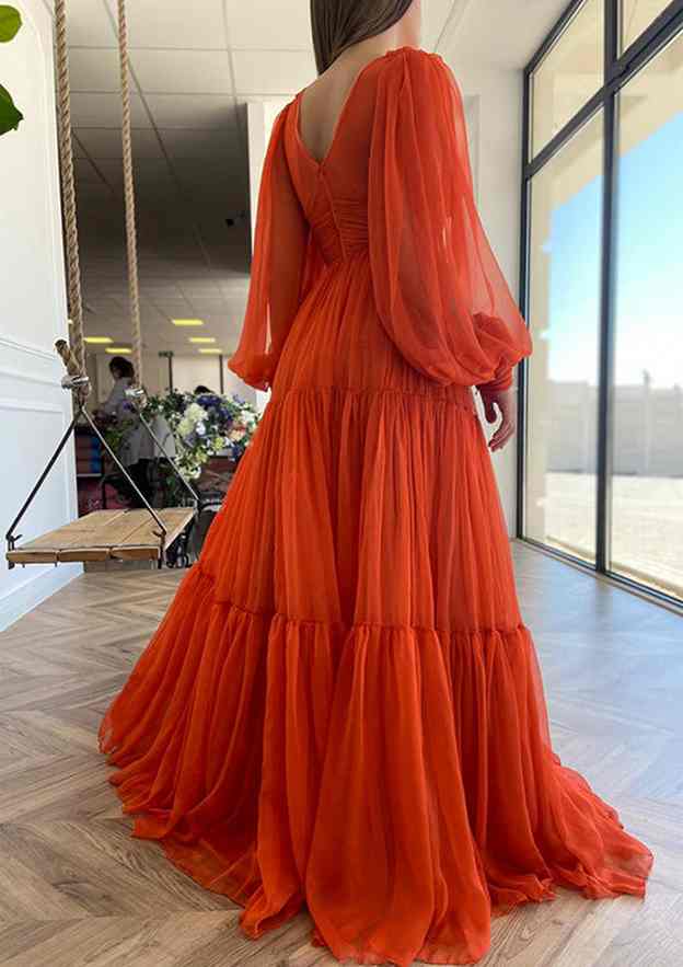 Chiffon Fashion A-line Deep V Neck Long Sleeve With Pleated Hot Sale Long Prom Dress