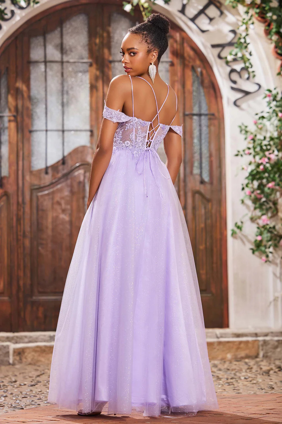 Lilac Sparkle A-Line Spaghetti Straps Sweetheart Neckline Sleeveless Lace Applique Backless Slit Cheap Long Prom Dress